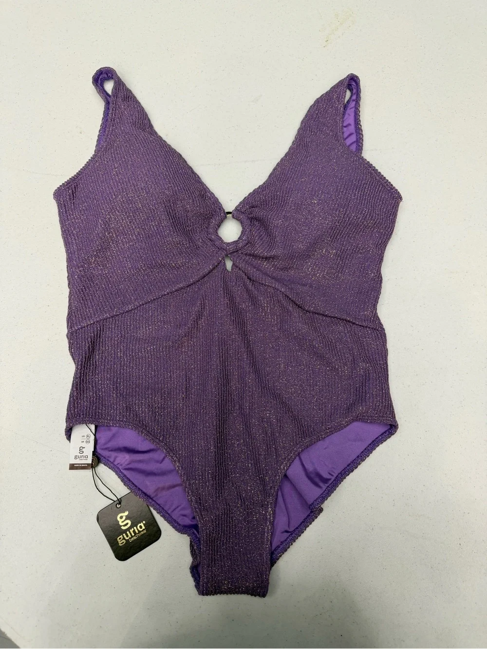Guria Lurex Ring V Neck One Piece Swimsuit Purple Lavender Crinkle XL